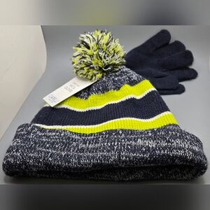 Capelli of New York Hat & Gloves Set Knit Navy & Yellow NWT ❄️